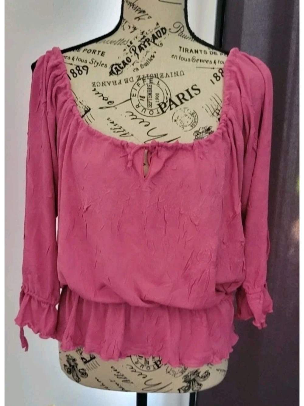 Vintage PRETTY GIRL Pink Peasant Blouse With Slit Sleeves And Ruffles